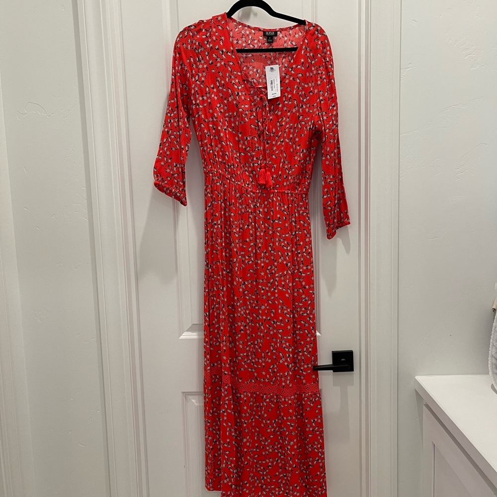Red floral maxi dress with blue flowers NWT